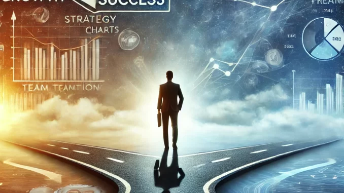 DALL·E-2025-02-10-09.58.10-An-inspiring-digital-illustration-of-a-determined-entrepreneur-standing-at-a-crossroads.-One-path-leads-to-stagnation-and-uncertainty-while-the-other