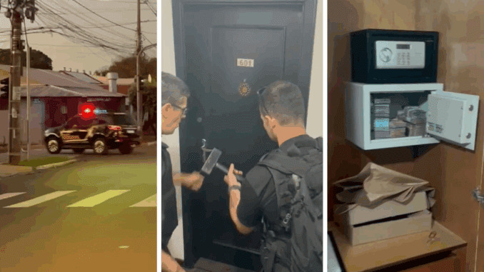 Policiais na porta de um dos alvos durante a operação